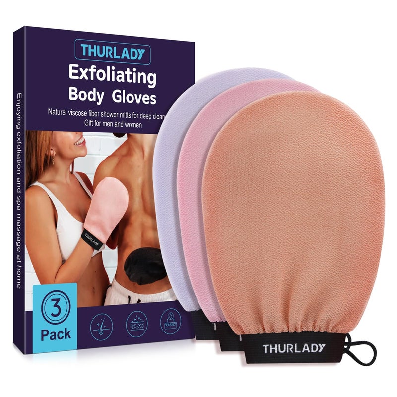 THURLADY Korean Exfoliating Mitt, Exfoliating Glove, 3 Pack Viscose Fiber Body Scrub Gloves, Dead Skin Remover for Smoother Skin, Self-Tan Prep and Removal, Peach Pink Purple - Image 1